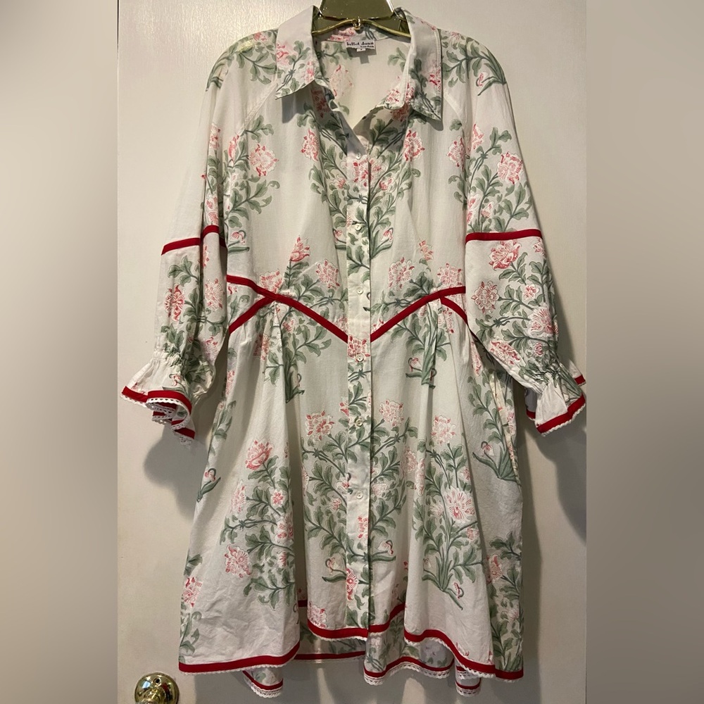 Juliet Dunn Cream Dress with Green and Pink Floral Print